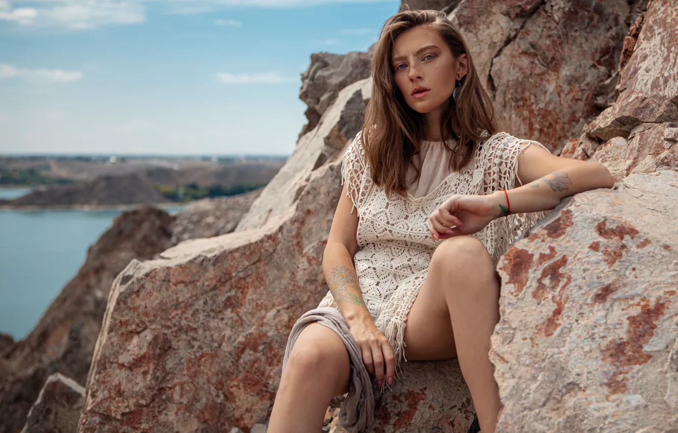 Photo wallpaper look, girl, pose, stones, rocks, Ilya Kondrakhin
