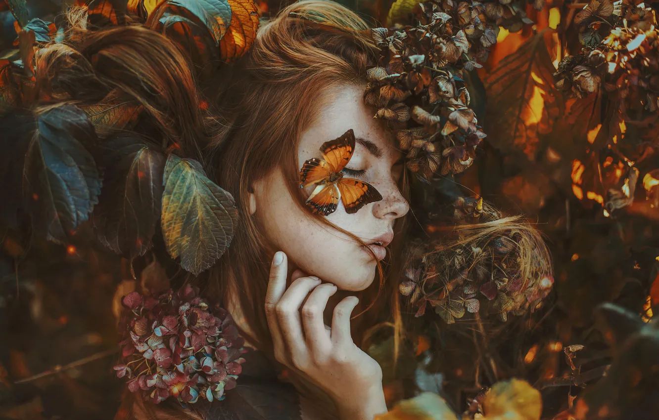 Photo wallpaper autumn, leaves, girl, light, flowers, branches, face, pose