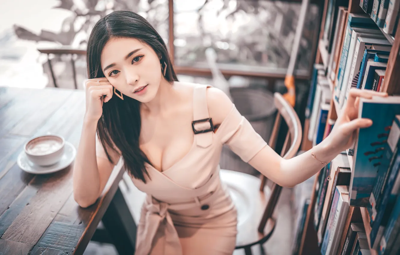 Photo wallpaper look, pose, model, portrait, makeup, figure, dress, brunette