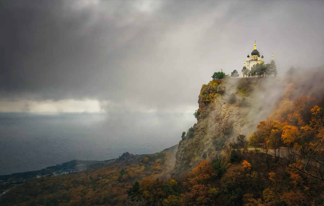 Photo wallpaper road, sea, autumn, landscape, nature, fog, temple, Crimea
