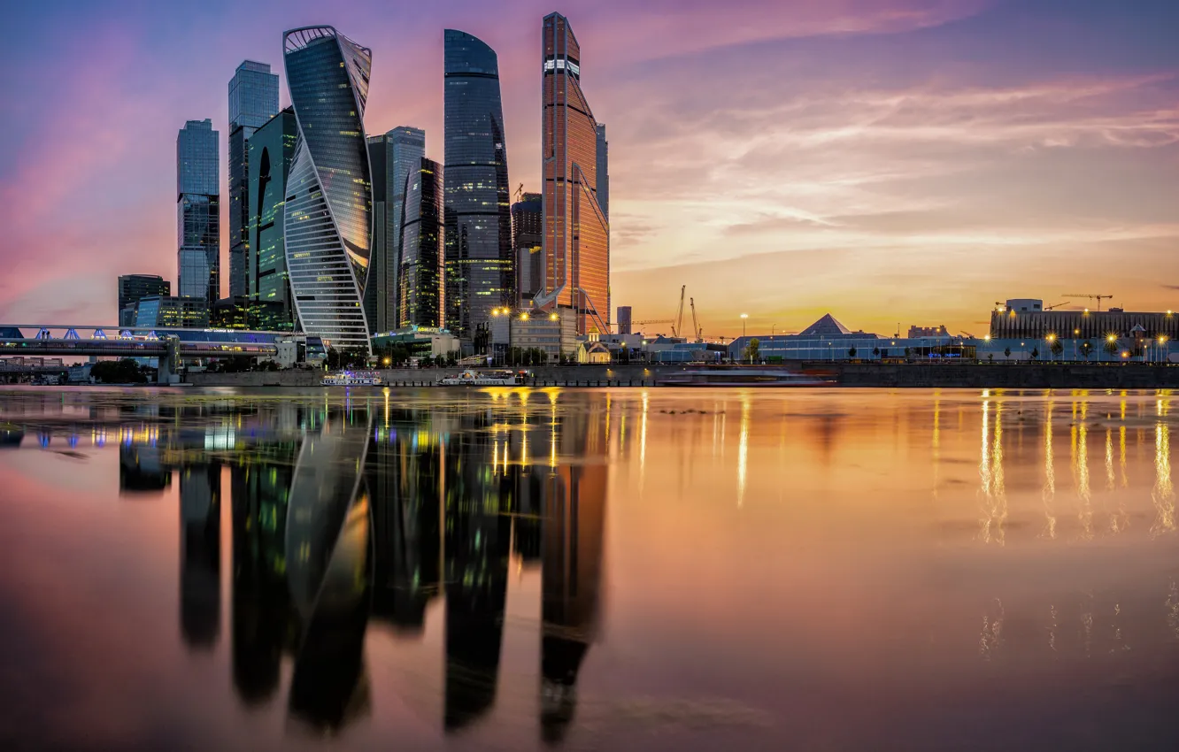 Photo wallpaper sunset, reflection, river, building, Moscow, Russia, skyscrapers, Moscow-City