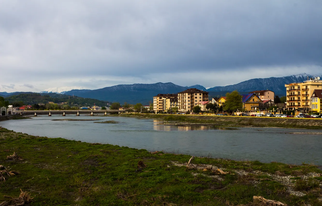 Photo wallpaper the sky, mountains, clouds, the city, river, building, home, Russia
