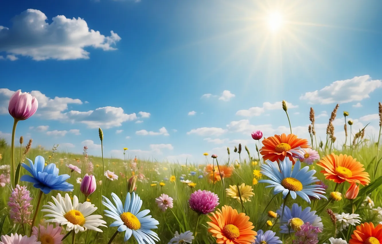 Photo wallpaper field, flowers, spring, colorful, sunshine, flowering, flowers, spring