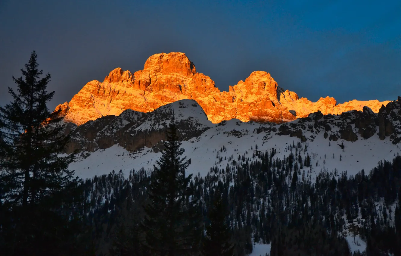Photo wallpaper winter, the sky, snow, trees, sunset, mountains, nature, rocks
