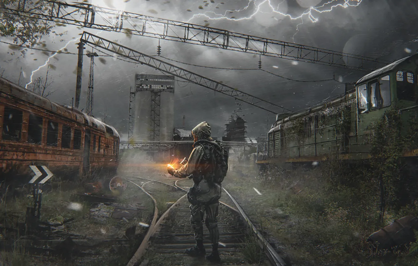 Photo wallpaper road, train, depot, Stalker, fan art, stalker 2, Stalker 2, Pavel bondarenko