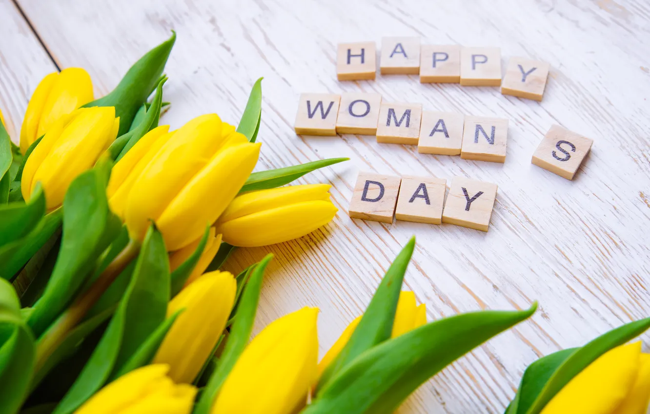 Photo wallpaper flowers, tulips, March 8, yellow, flowers, tulips, spring, Happy