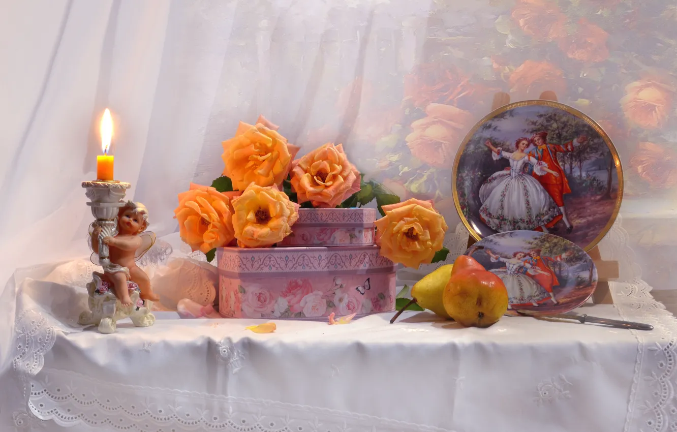 Photo wallpaper flowers, table, roses, candle, angel, knife, plates, fruit