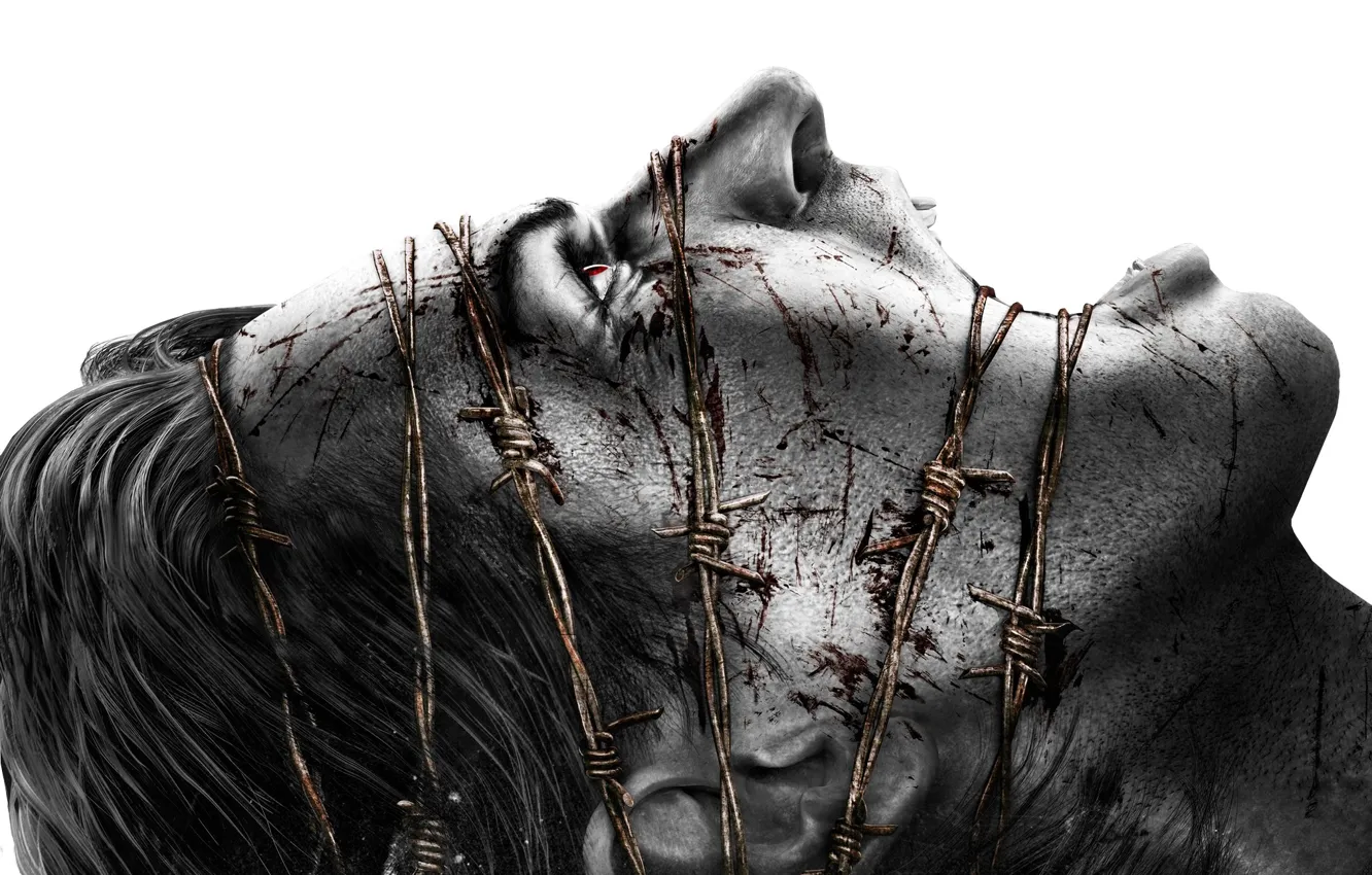 Photo wallpaper hair, white background, male, pain, game, scar, Creek, barbed wire