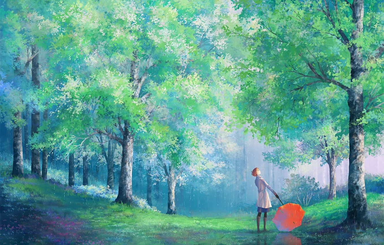 Photo wallpaper girl, trees, Park, rain, umbrella, art, coat