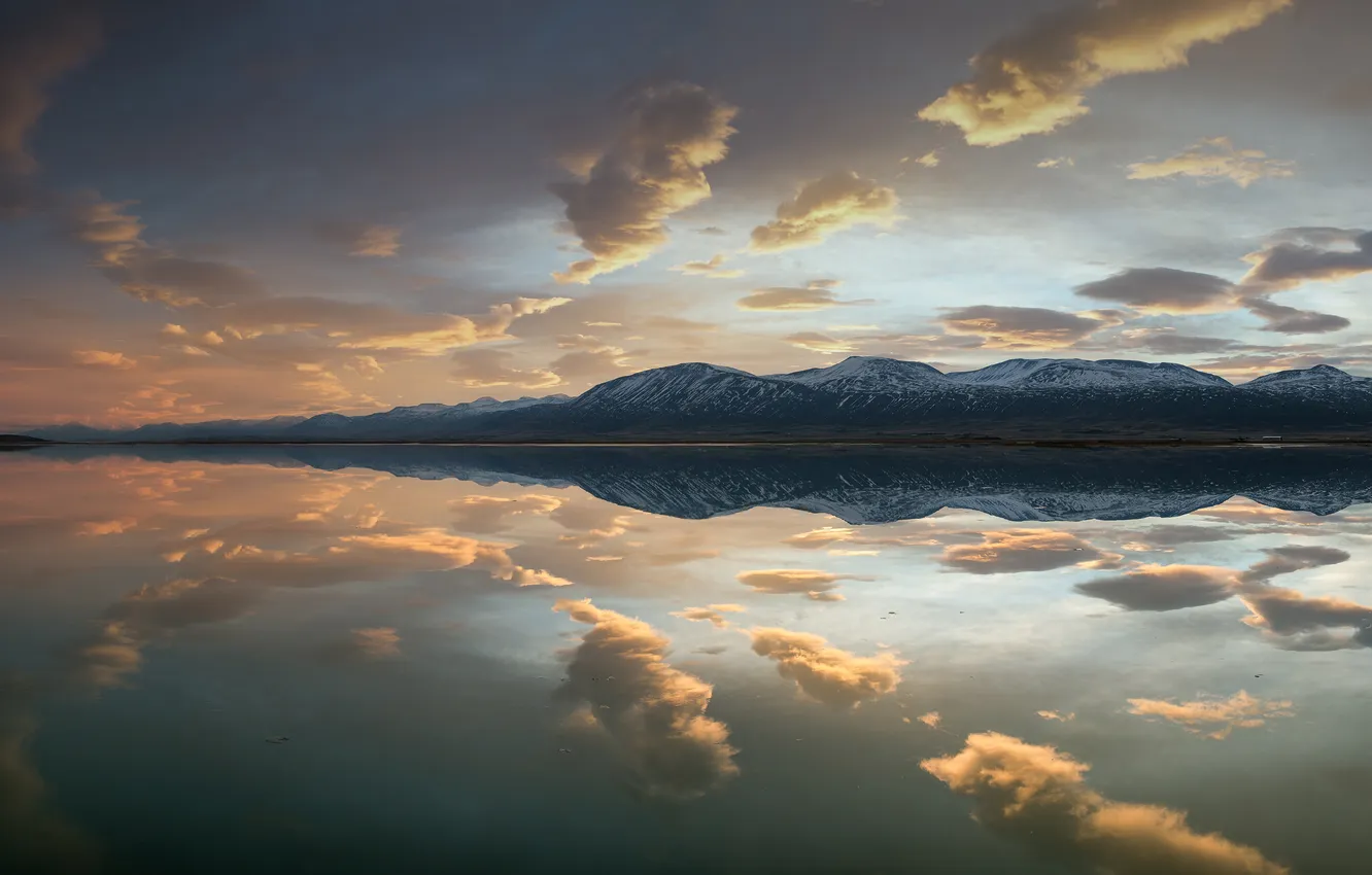 Photo wallpaper sunset, mountain, lake, snow