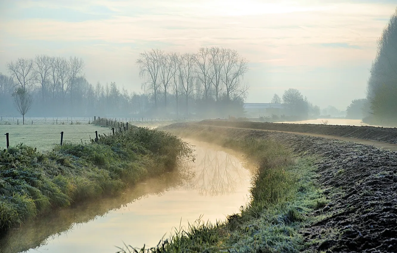 Photo wallpaper landscape, fog, river, morning
