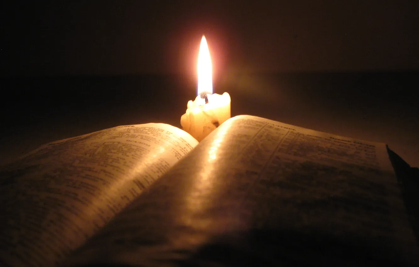 Photo wallpaper dark, candle, book, The Bible