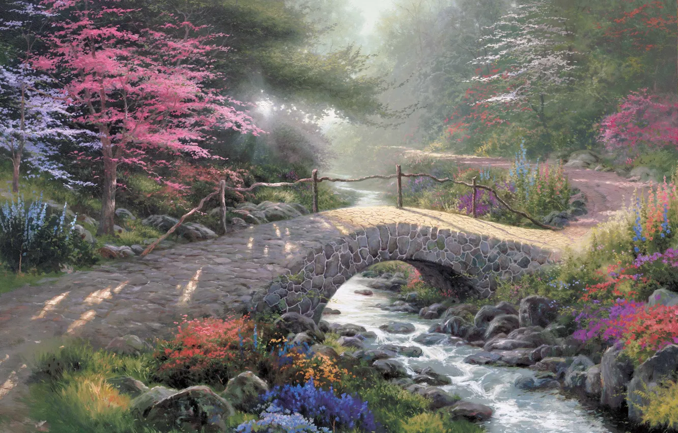 Photo wallpaper forest, light, bridge, nature, Park, stream, painting, painting