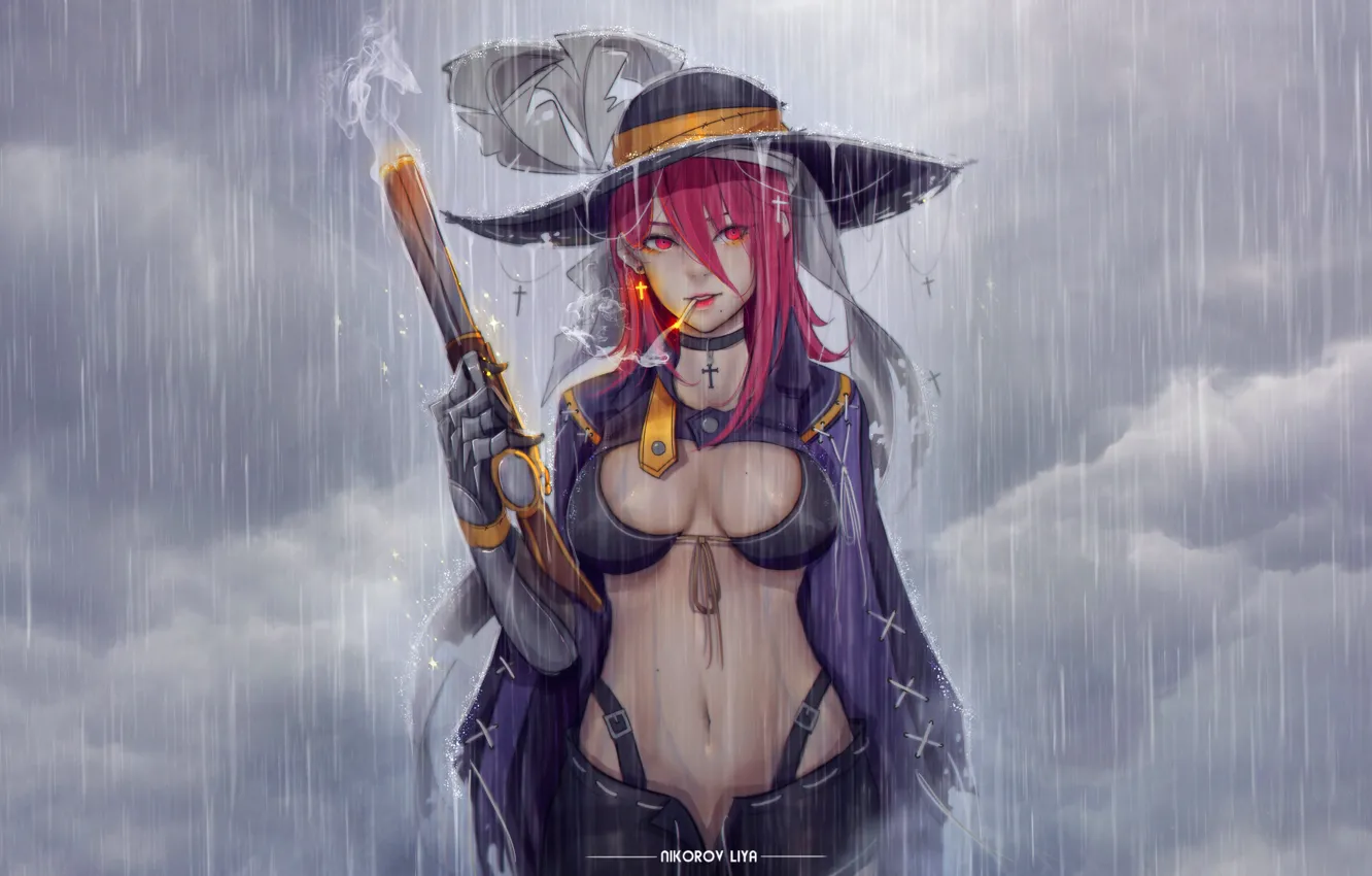 Photo wallpaper girl, clouds, style, gun, fiction, rain, figure, art