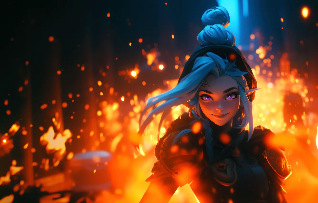 Photo wallpaper fire, long hair, purple eyes, women, smiling, elves, blue hair, looking at viewer