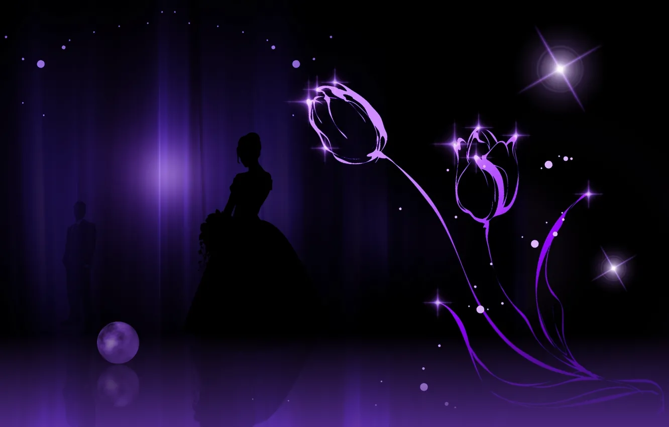 Photo wallpaper girl, flowers, background, tulips, guy, silhouettes
