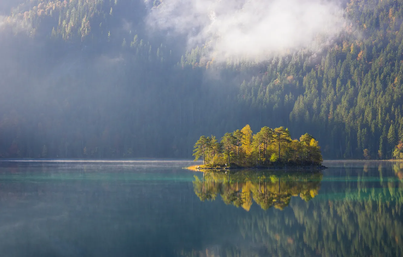Photo wallpaper autumn, forest, lake, reflection, island, mountain, slope