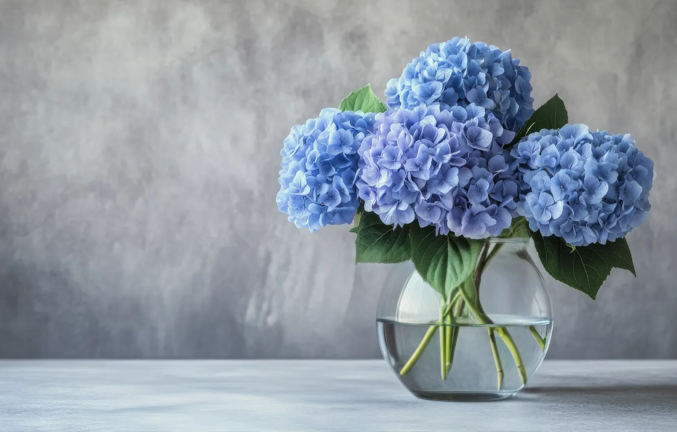 Photo wallpaper flowers, blue, blue, bouquet, vase, grey background, hydrangea, AI art
