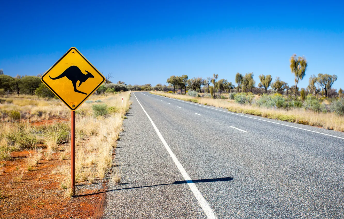Photo wallpaper Caution, street, Road sign, Kangaroo sign