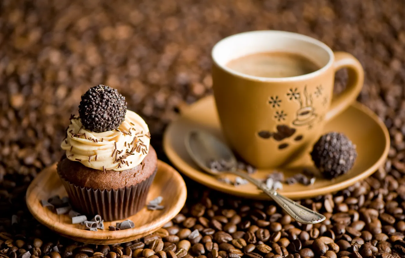 Photo wallpaper coffee, candy, coffee beans, cupcakes