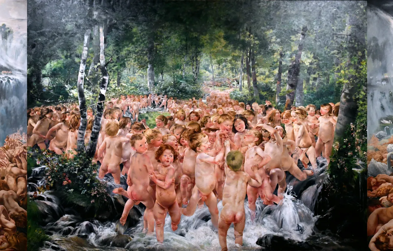 Photo wallpaper children, stream, people, picture, Belgian artist, Leon Henri Marie Frederick, Leon Henri Marie Frederic, Leon …