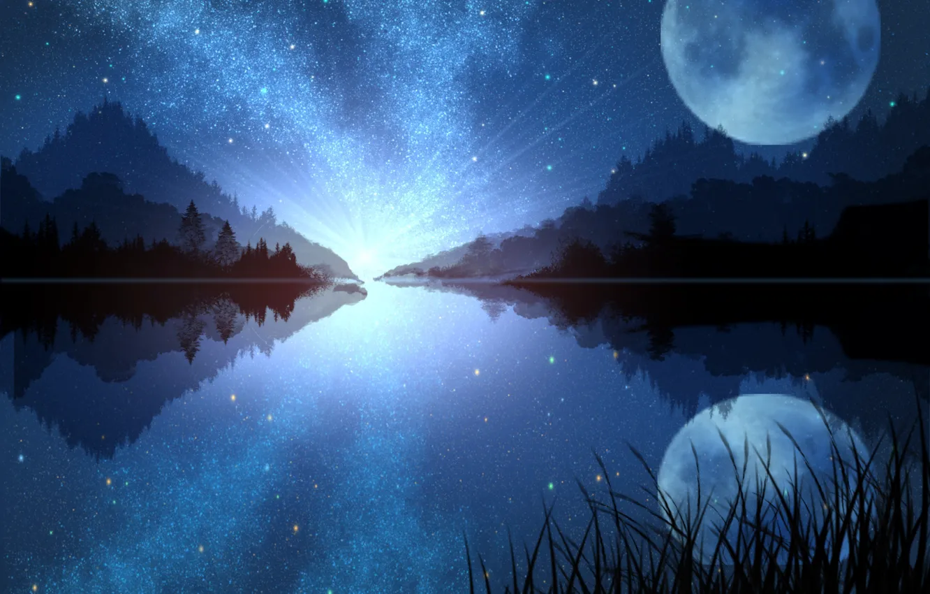 Photo wallpaper night, nature, lake, the moon, the milky way
