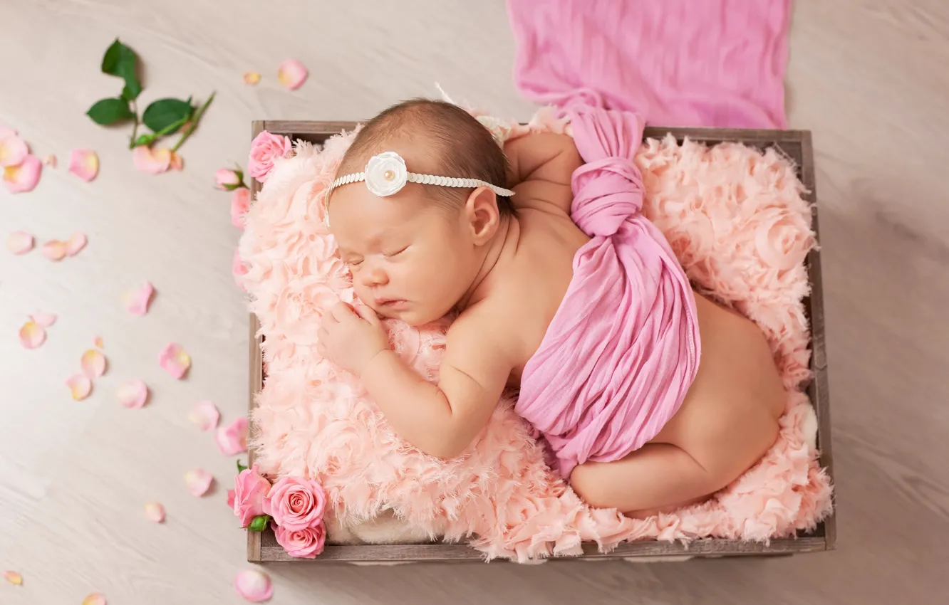 Photo wallpaper flowers, child, sleep, roses, petals, girl, fabric, baby