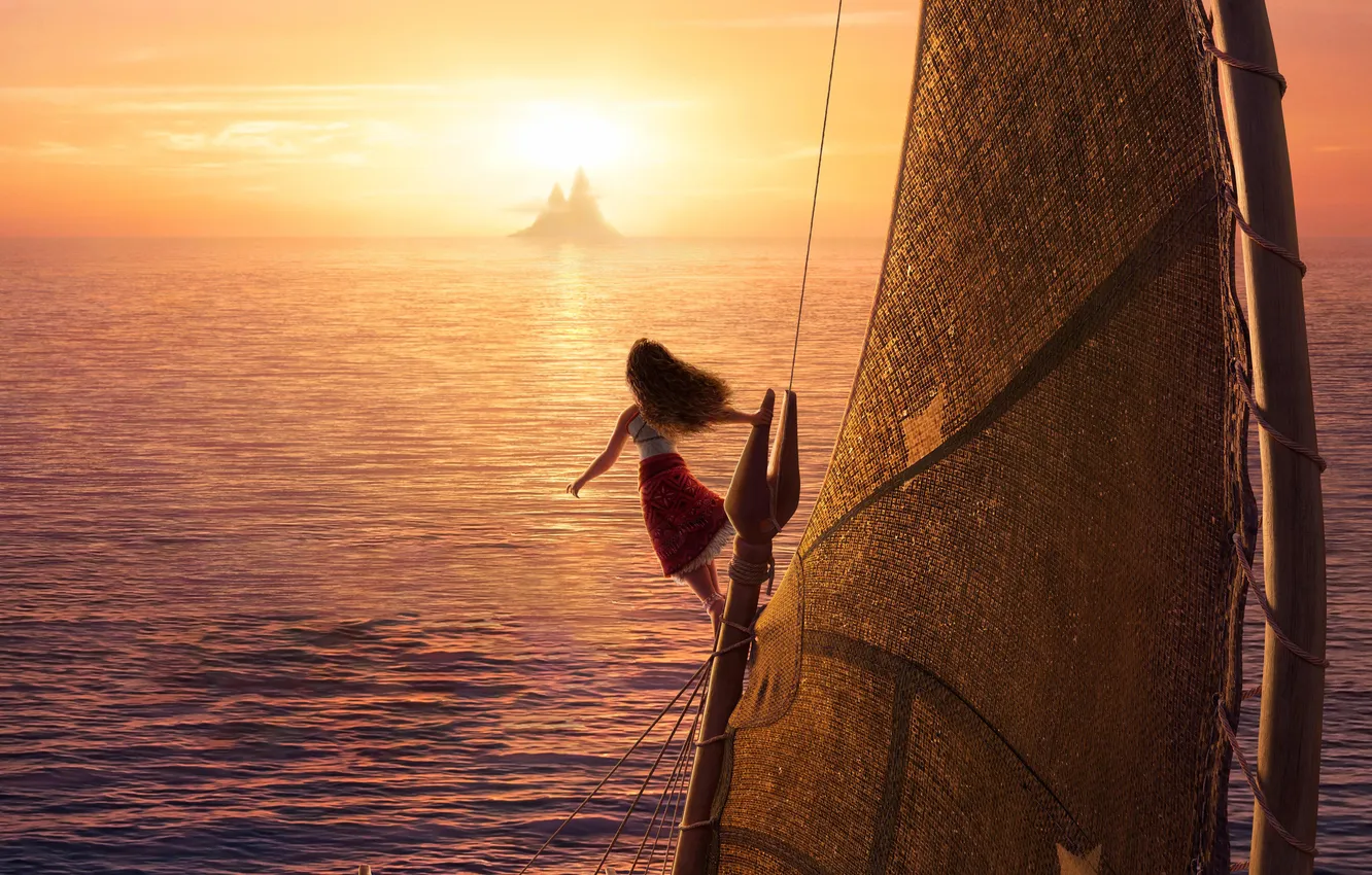 Photo wallpaper sea, the sun, cartoon, horizon, sail, Moana, Moana, Moana 2