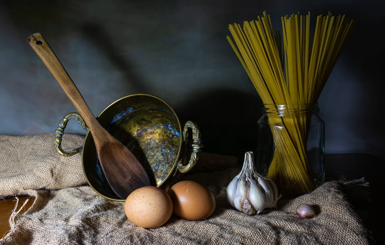 Photo wallpaper eggs, still life, spaghetti, garlic
