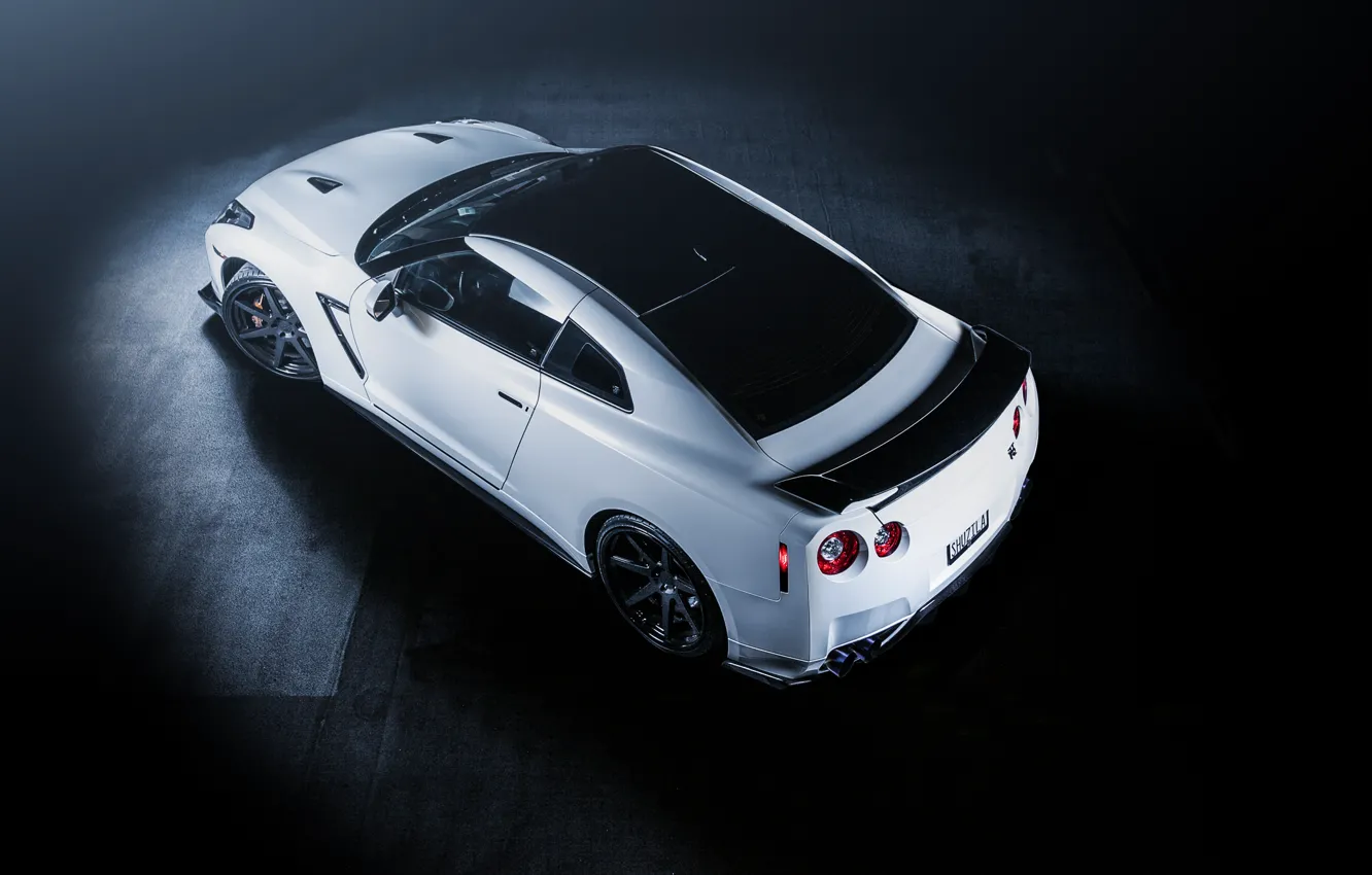 Photo wallpaper GTR, Nissan, white, wheels, sports car, Nissan, front, stance
