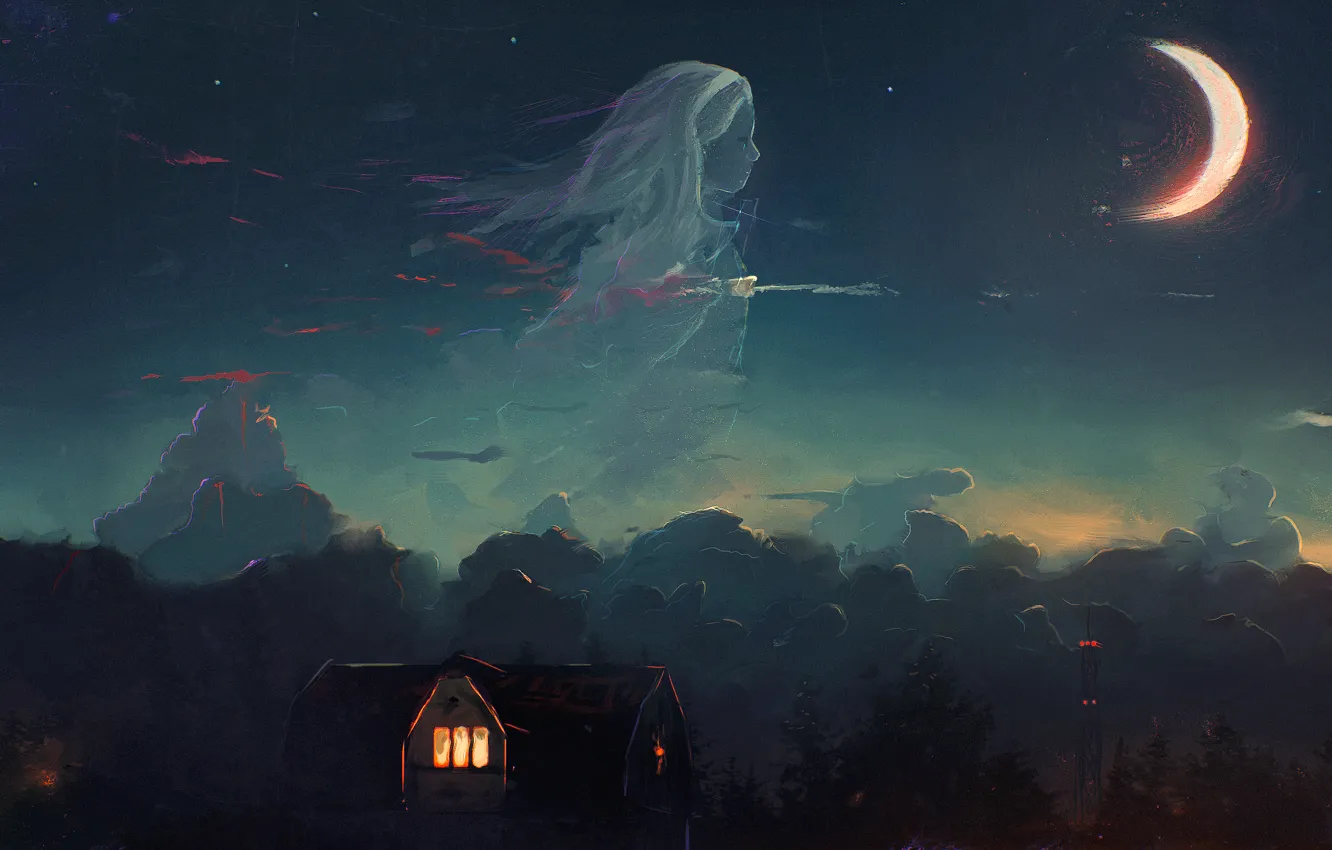 Photo wallpaper forest, the sky, girl, clouds, night, house, the moon, Crescent