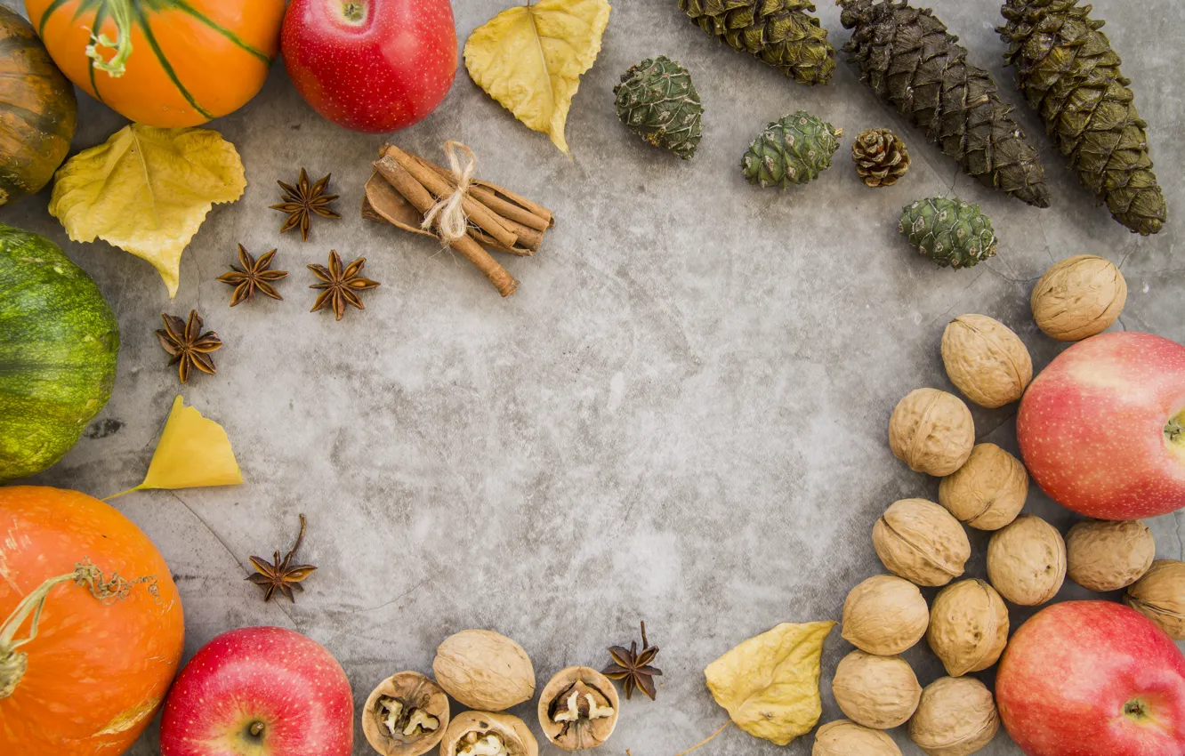 Photo wallpaper autumn, leaves, apples, pumpkin, fruit, nuts, wood, autumn