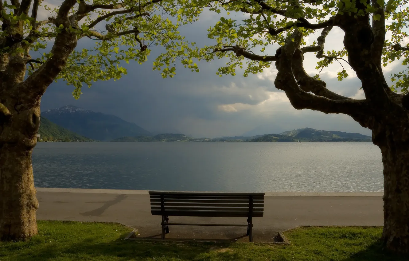 Photo wallpaper trees, mountains, bench, lake, shop