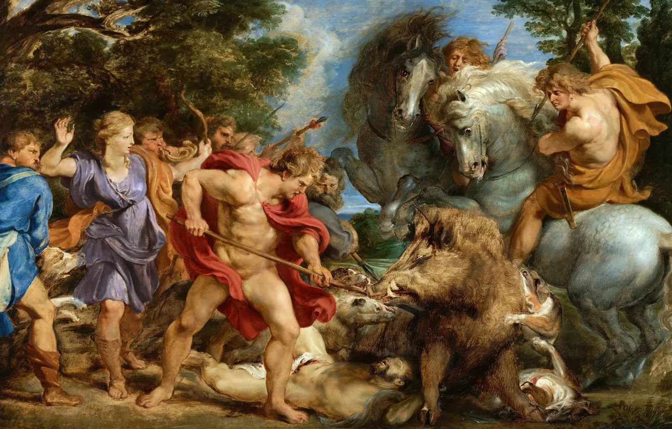 Photo wallpaper picture, Peter Paul Rubens, mythology, Atalanta and Meleager Hunting the Boar, Pieter Paul Rubens, Hunting …
