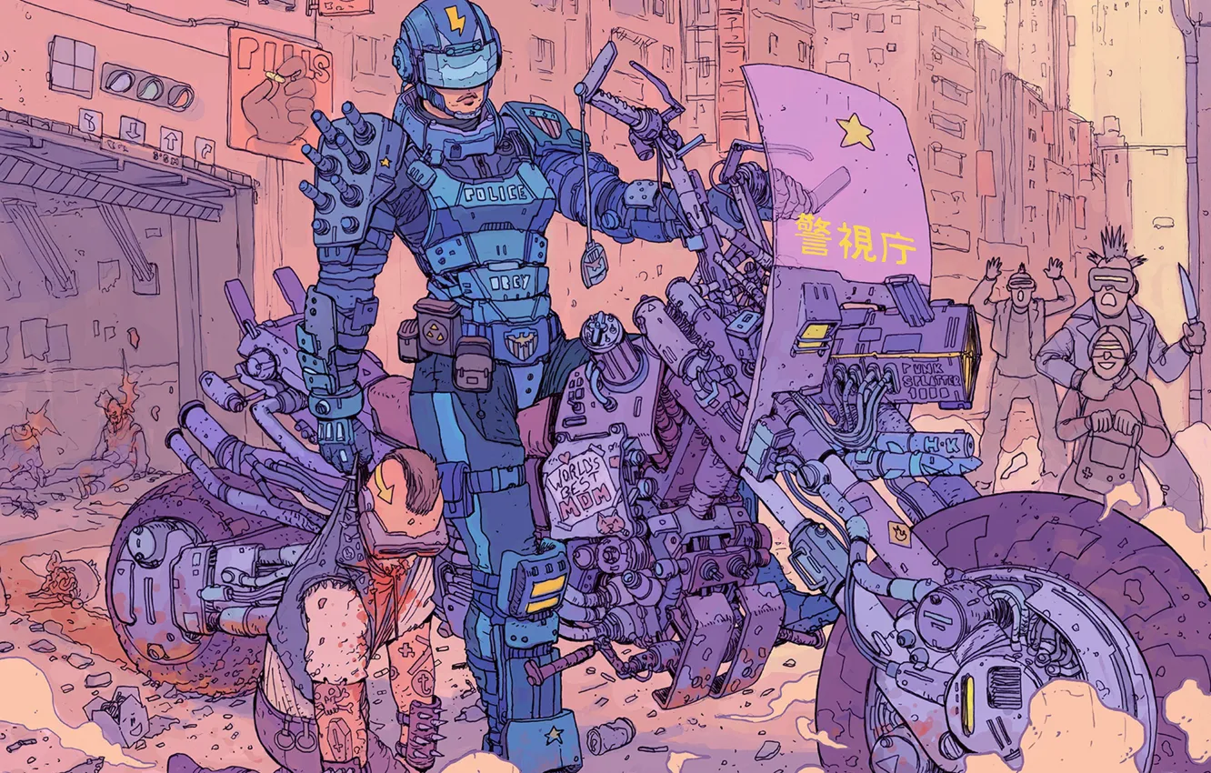 Photo wallpaper fiction, transport, punk, people, robot, police, art, motorcycle