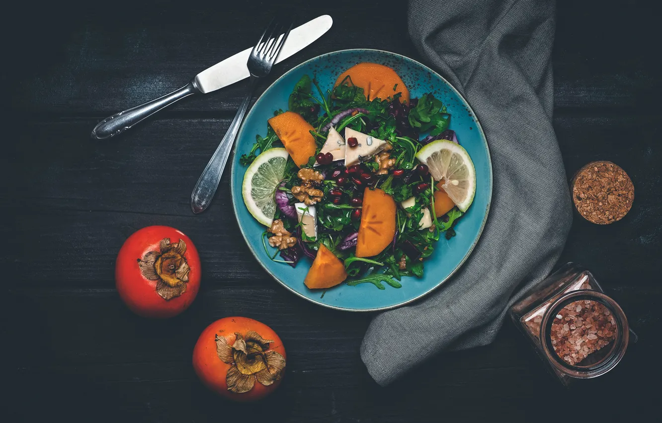 Photo wallpaper greens, lemon, cheese, salad, persimmon