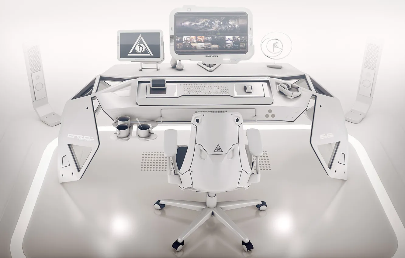 Photo wallpaper computer, design, table, chair, Saturn desk concept
