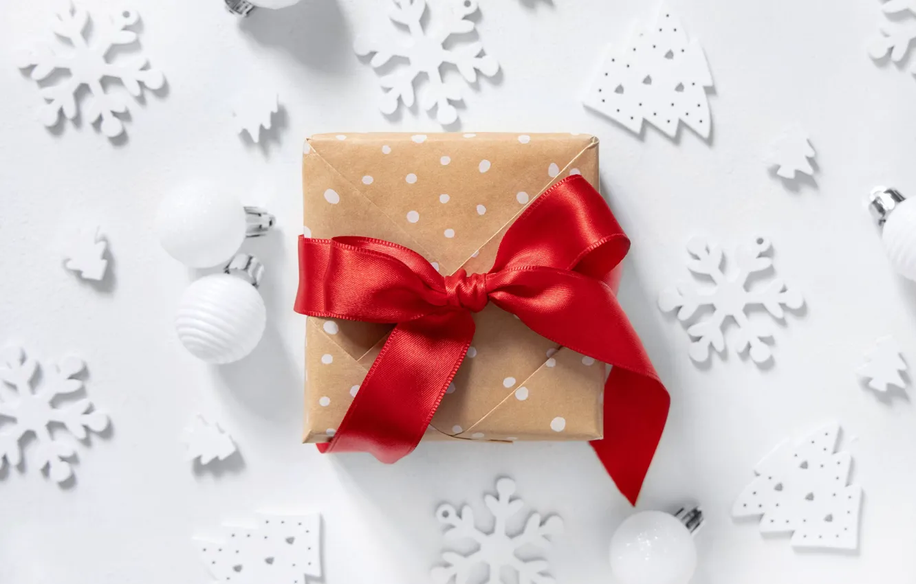 Photo wallpaper balls, decoration, snowflakes, red, holiday, box, gift, Christmas
