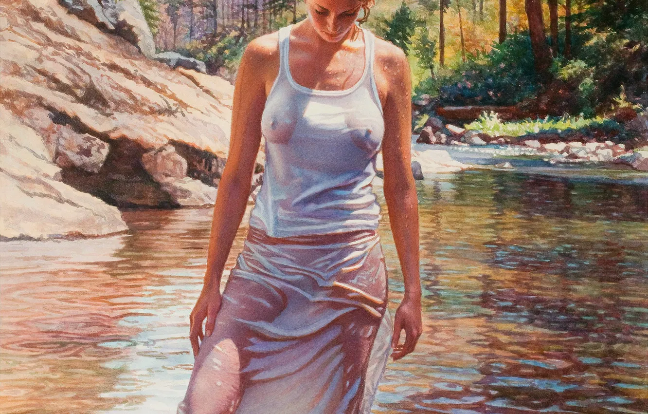 Photo wallpaper water, girl, trees, wet, picture, river, American artist, Cool water