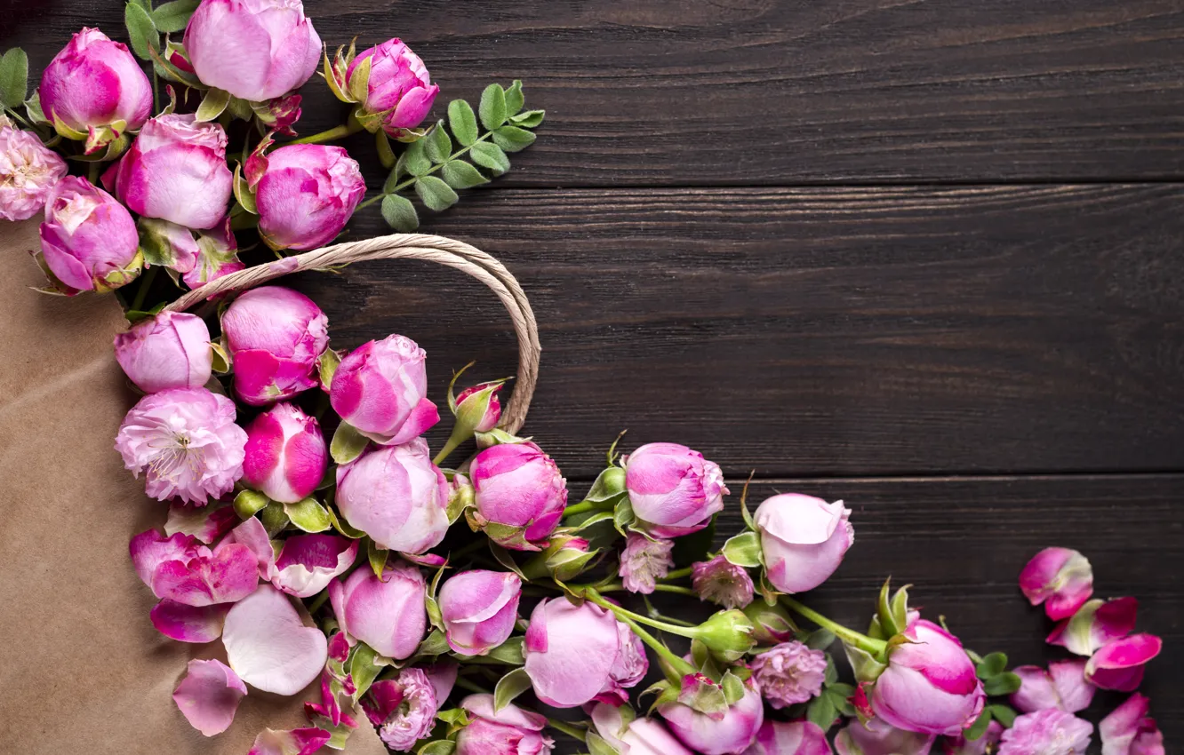 Photo wallpaper flowers, roses, bouquet, pink, buds, wood, pink, flowers