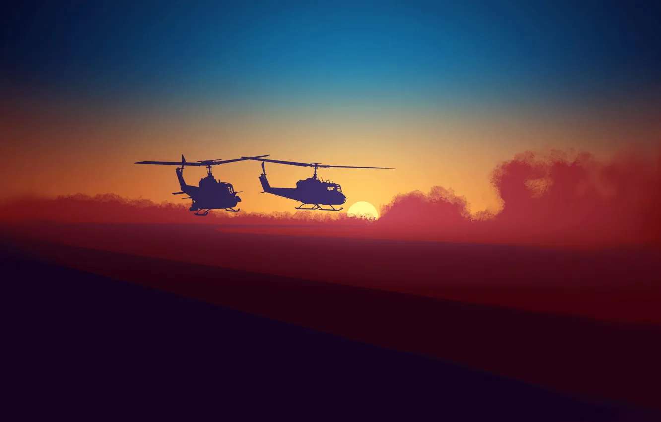 Photo wallpaper sea, the sun, clouds, sunset, shore, silhouette, pair, helicopter