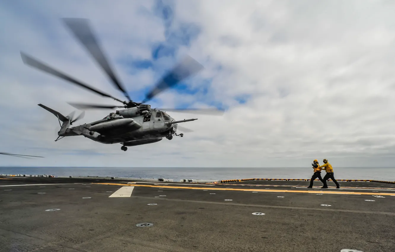Photo wallpaper sea, clouds, the carrier, the rise, Helicopter