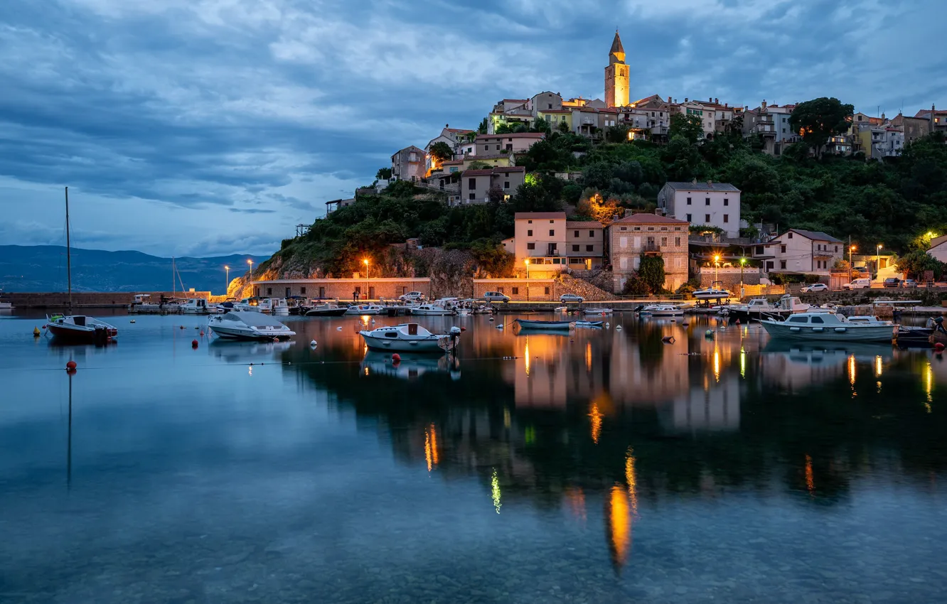 Photo wallpaper reflection, hills, building, home, the evening, boat, harbour, Croatia
