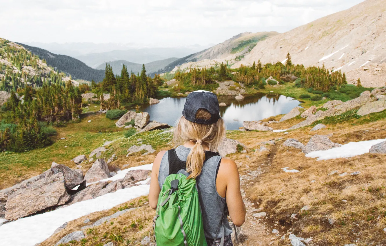 Photo wallpaper girl, mountains, nature, lake, Colorado, nature, Colorado, Rocky mountains