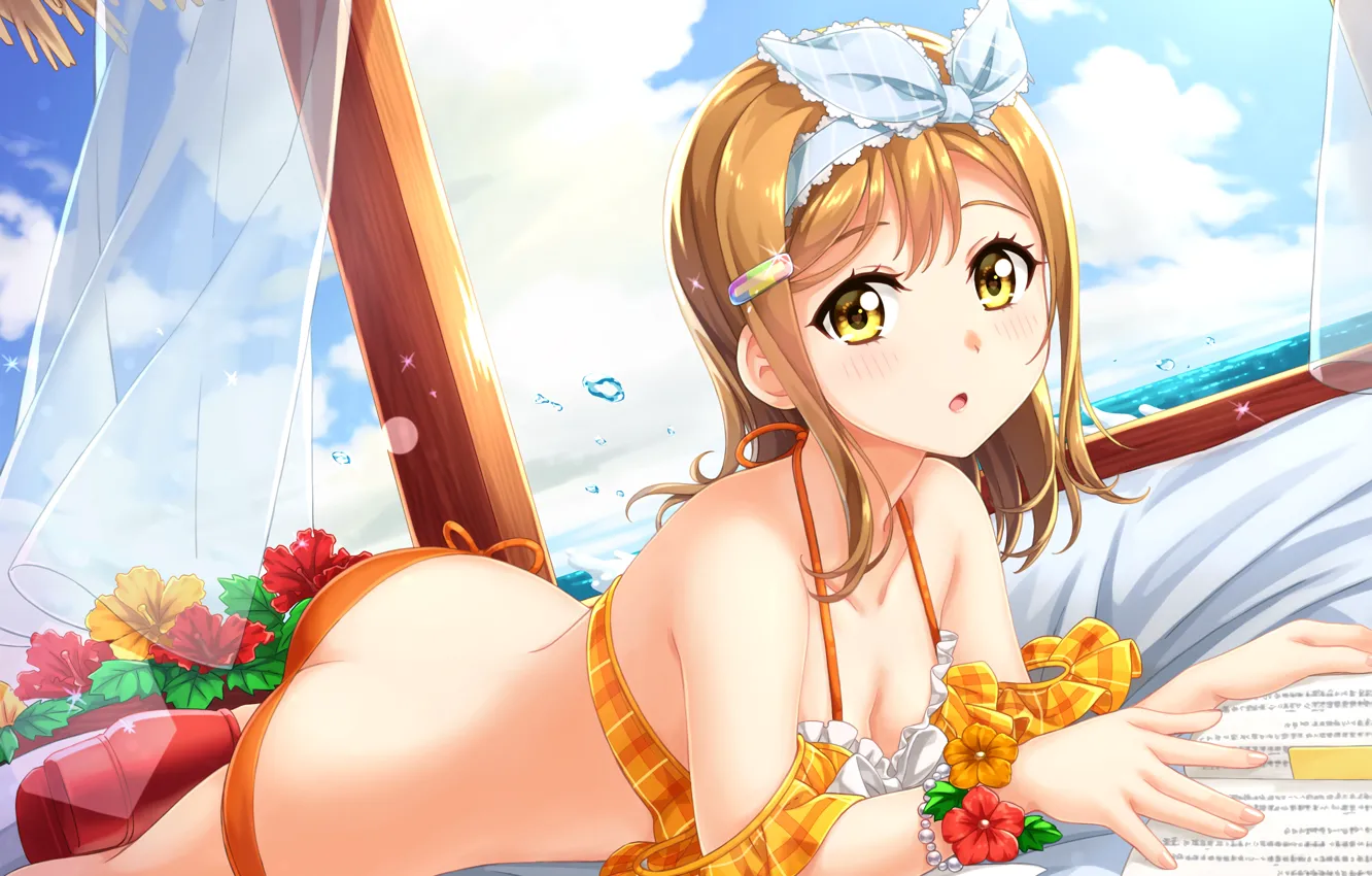 Photo wallpaper girl, sexy, ass, cleavage, blouse, sky, long hair, sea