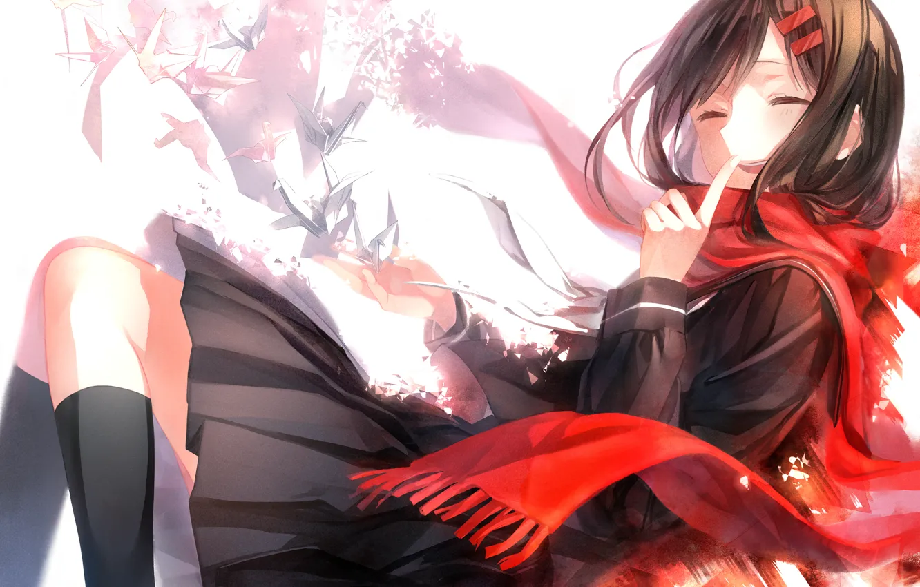 Photo wallpaper girl, anime, scarf, art, schoolgirl, origami, kagerou project, ayano tateyama