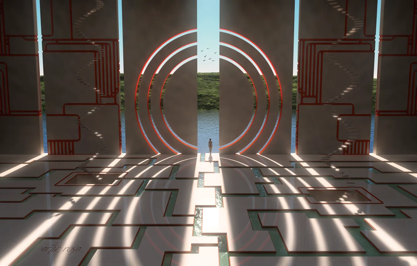 Photo wallpaper greens, water, girl, line, circles, landscape, strip, wall