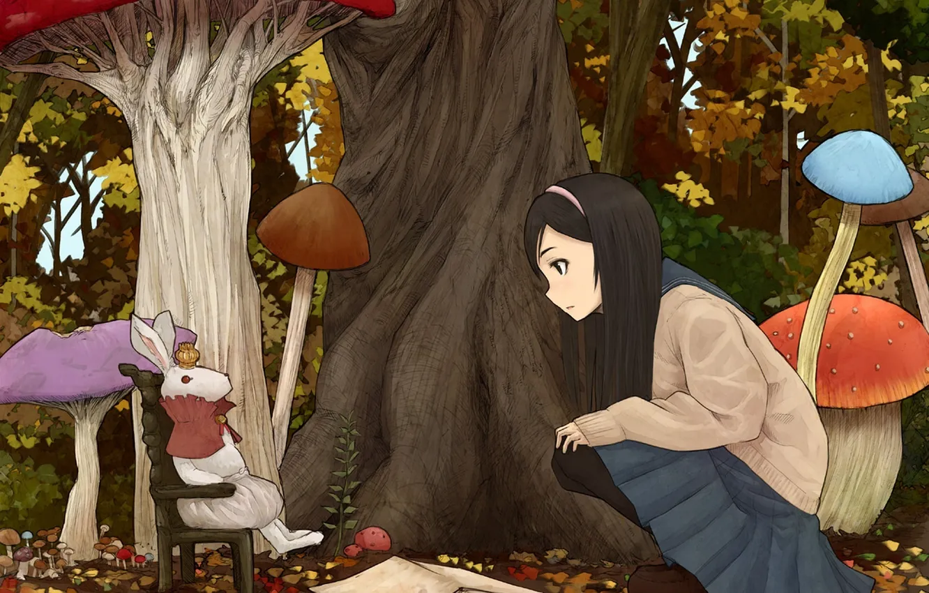 Photo wallpaper mushrooms, rabbit, Alice in Wonderland, Alice in the country of miracles