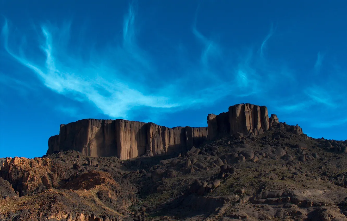 Photo wallpaper the sky, clouds, mountains, stones, rocks