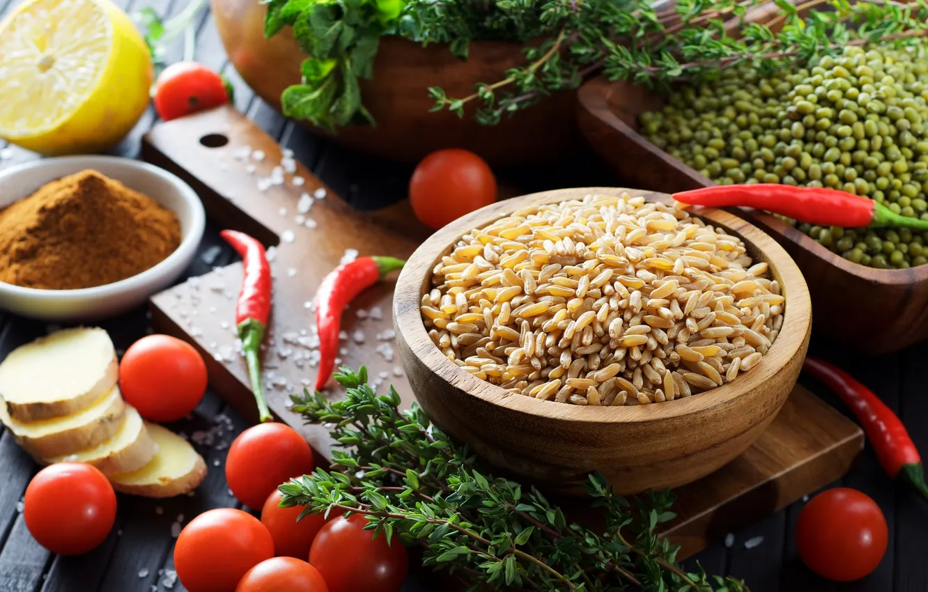 Photo wallpaper pepper, figure, tomatoes, ginger, beans, turmeric, thyme